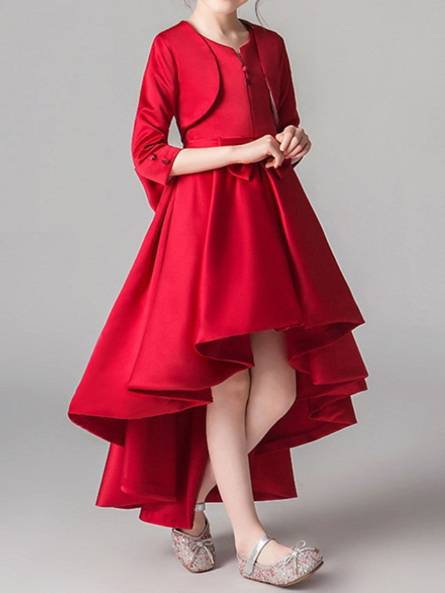 Two Piece Asymmetrical Polyester 3/4 Length Sleeve Jewel Neck With Bow(S) & Pleats
