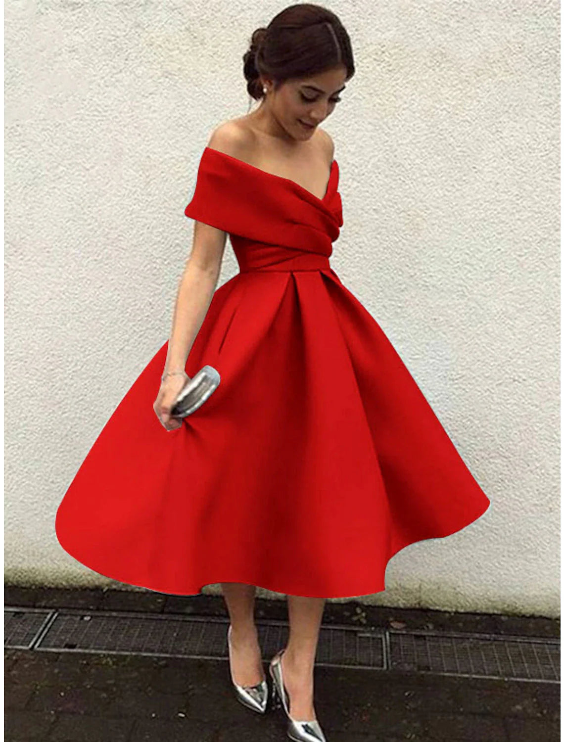 A-Line Cocktail Dresses 1950s Dress Wedding Guest Christmas Red Green Dress Tea Length Short Sleeve V Neck  Fabric V Back with Pleats