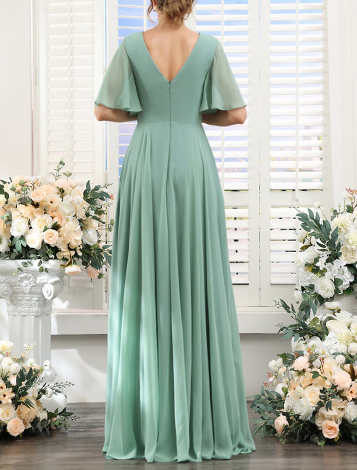 A-Line Bridesmaid Dress V Neck Short Sleeve Elegant Floor Length Chiffon
