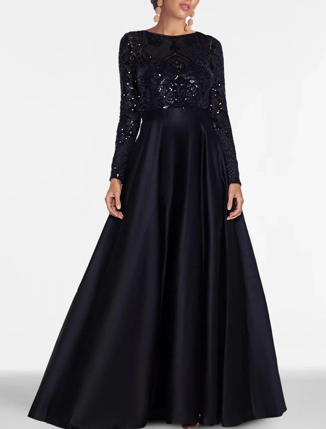 A-Line Evening Gown Elegant Black Dress Plus Size Formal Sequin Satin Dress Black Tie Floor Length Long Sleeve Off Shoulder Fall Wedding Guest with Slit Pocket 2025