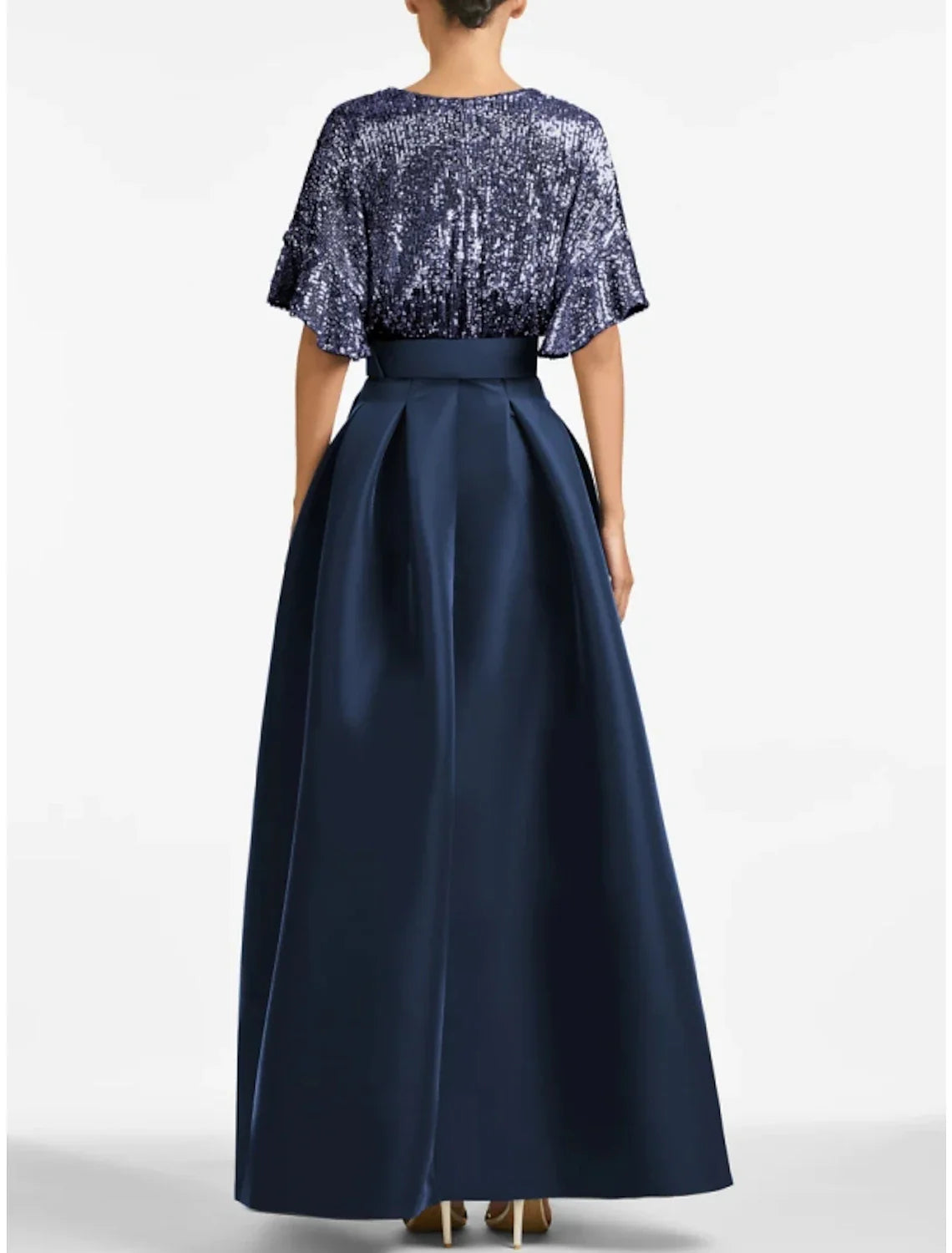 A-Line Evening Gown Sparkle & Shine Dress Formal Wedding Guest Ankle Length Half Sleeve V Neck Satin with Glitter Pleats 2025