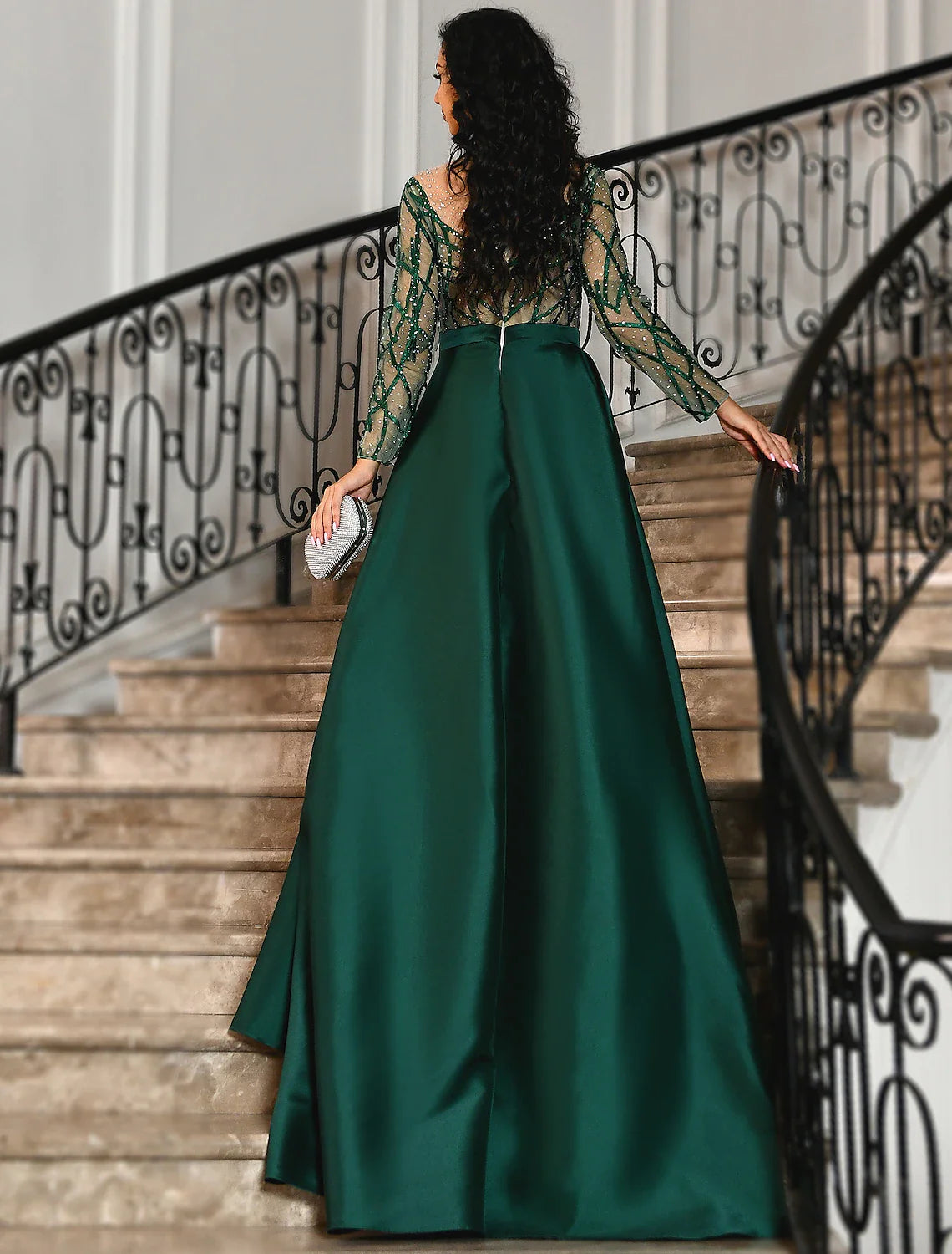 A-Line Evening Gown Luxurious Dress Wedding Party Black Tie Gala Floor Length 3/4 Length Sleeve Off Shoulder Satin with Rhinestone Embroidery Appliques