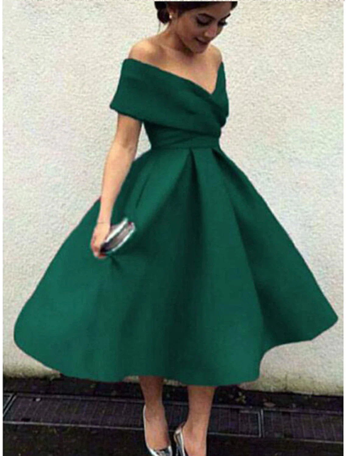 A-Line Cocktail Dresses 1950s Dress Wedding Guest Christmas Red Green Dress Tea Length Short Sleeve V Neck  Fabric V Back with Pleats