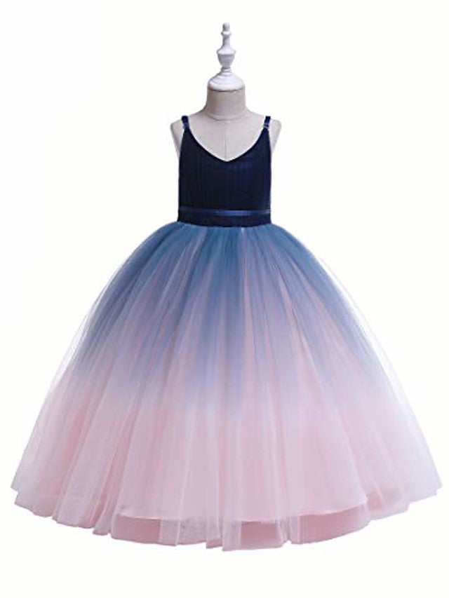 V Neck A Line Flower Girl Dress with Ombre Tulle and Lace