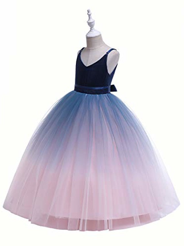 V Neck A Line Flower Girl Dress with Ombre Tulle and Lace
