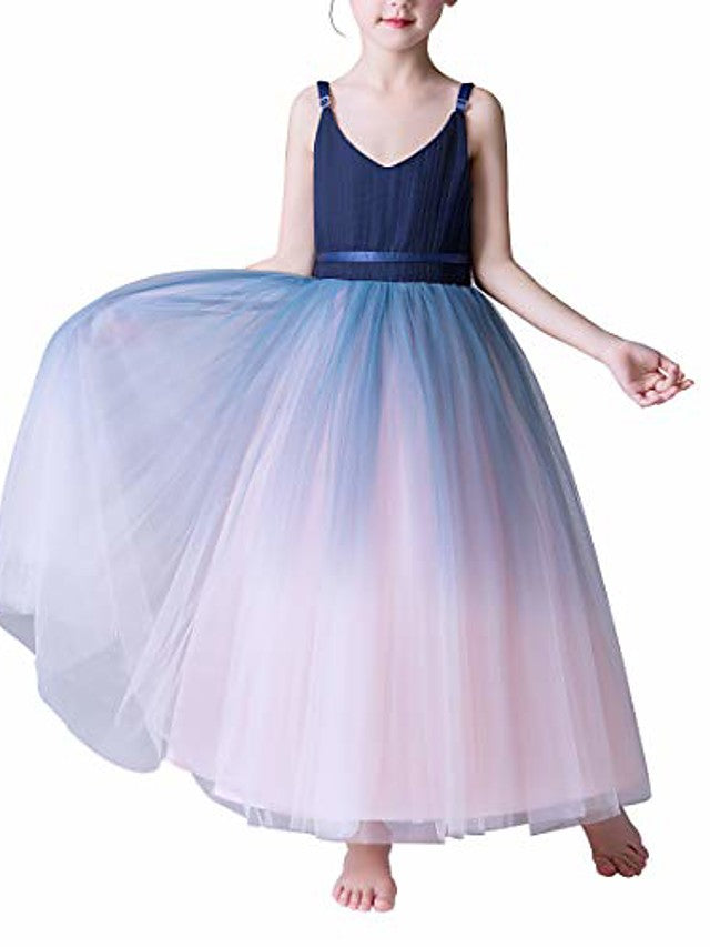 V Neck A Line Flower Girl Dress with Ombre Tulle and Lace