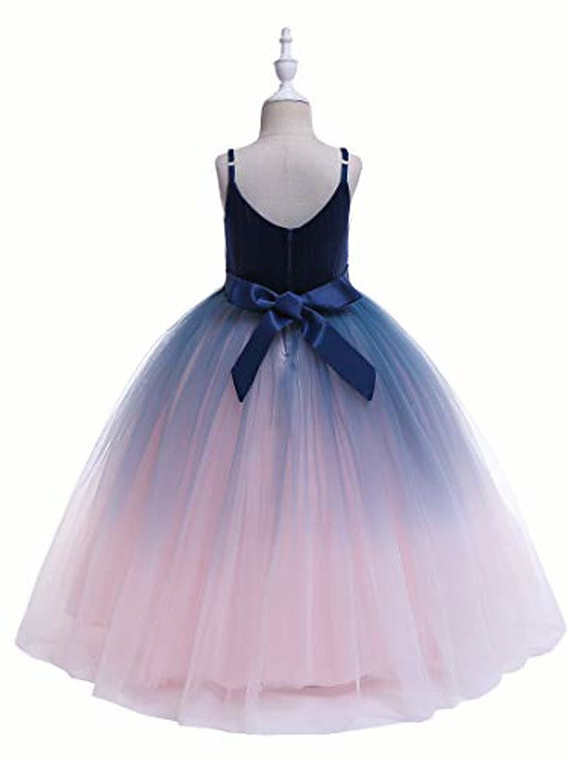 V Neck A Line Flower Girl Dress with Ombre Tulle and Lace