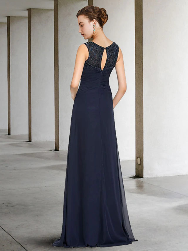 A-Line Mother of the Bride Dress Elegant Jewel Neck Floor Length Chiffon Sleeveless with Pleats