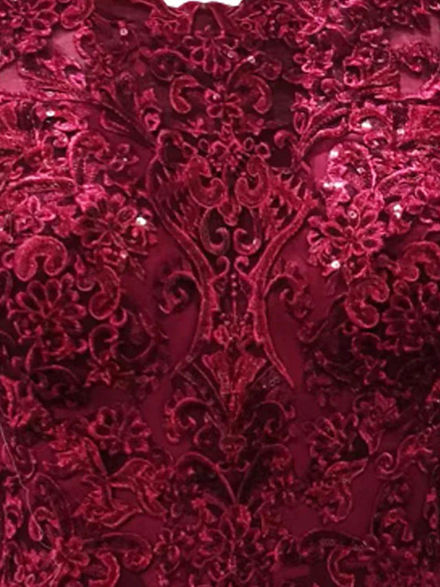 A-Line Mother of the Bride Dress Elegant Jewel Neck Sweep / Brush Train Chiffon Lace Short Sleeve with Appliques