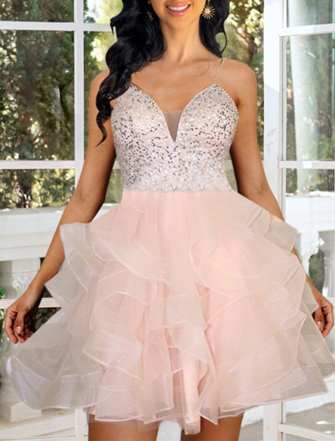 A-Line Homecoming Dresses Tiered Plisse Dress Graduation Cocktail Party Short / Mini Sleeveless Spaghetti Strap Pink Dress Organza with Beading Sequin