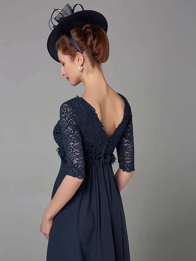 A-Line Mother of the Bride Dress Elegant & Luxurious V Neck Floor Length Chiffon Lace Half Sleeve with Lace