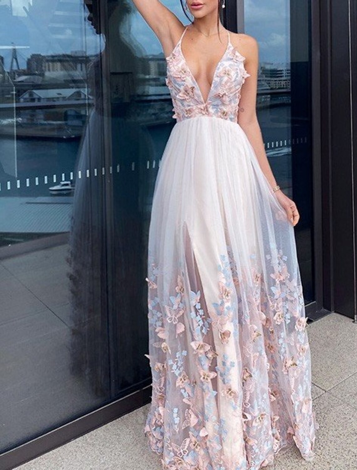 A-Line Evening Gown Party Dress Floral Dress Homecoming Wedding Guest Floor Length Short Sleeve V Neck Tulle with Draping Appliques