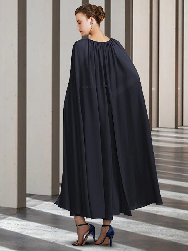 A-Line Mother of the Bride Dress Elegant Jewel Neck Ankle Length Chiffon Sleeveless with Pleats Beading Crystal