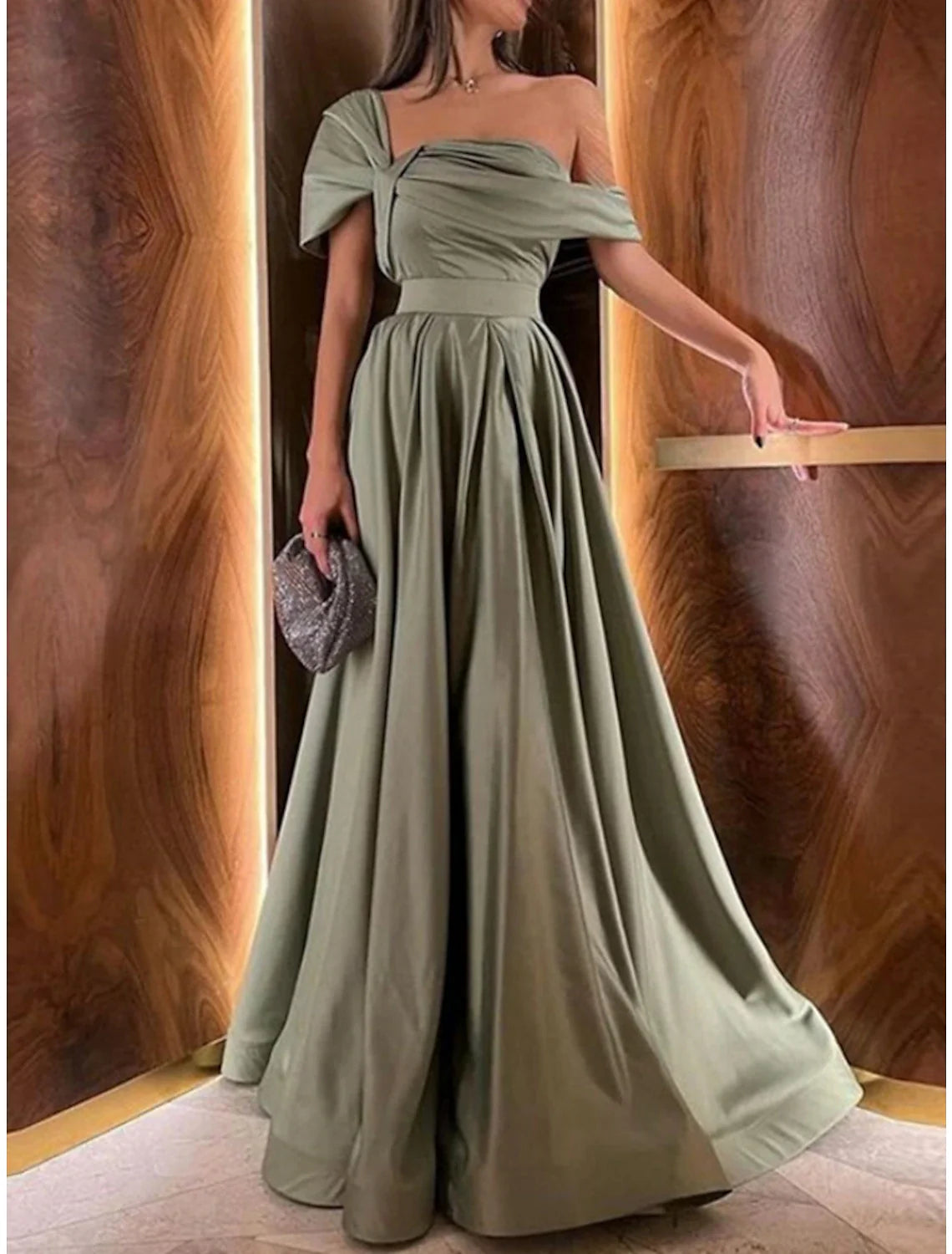A-Line Evening Gown Elegant Dress Formal Floor Length Christmas Red Green Dress Short Sleeve Off Shoulder Satin with Pleats Ruched 2025