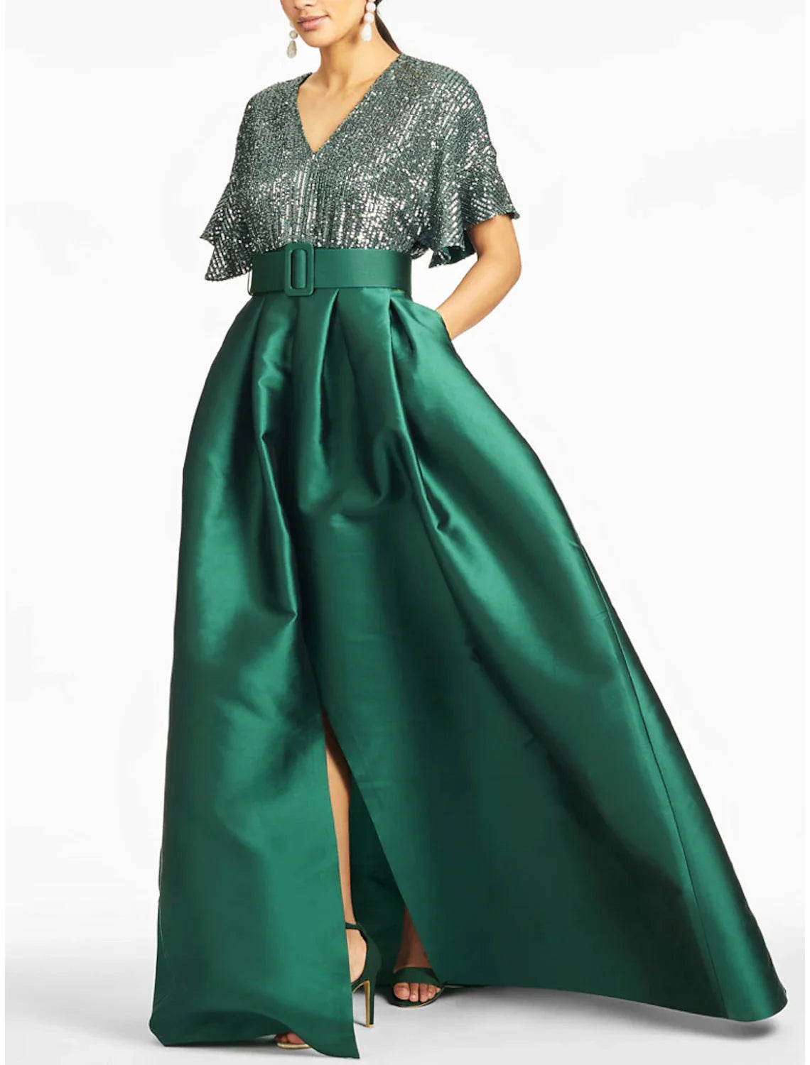 A-Line Evening Gown Sparkle & Shine Dress Formal Wedding Guest Ankle Length Half Sleeve V Neck Satin with Glitter Pleats 2025