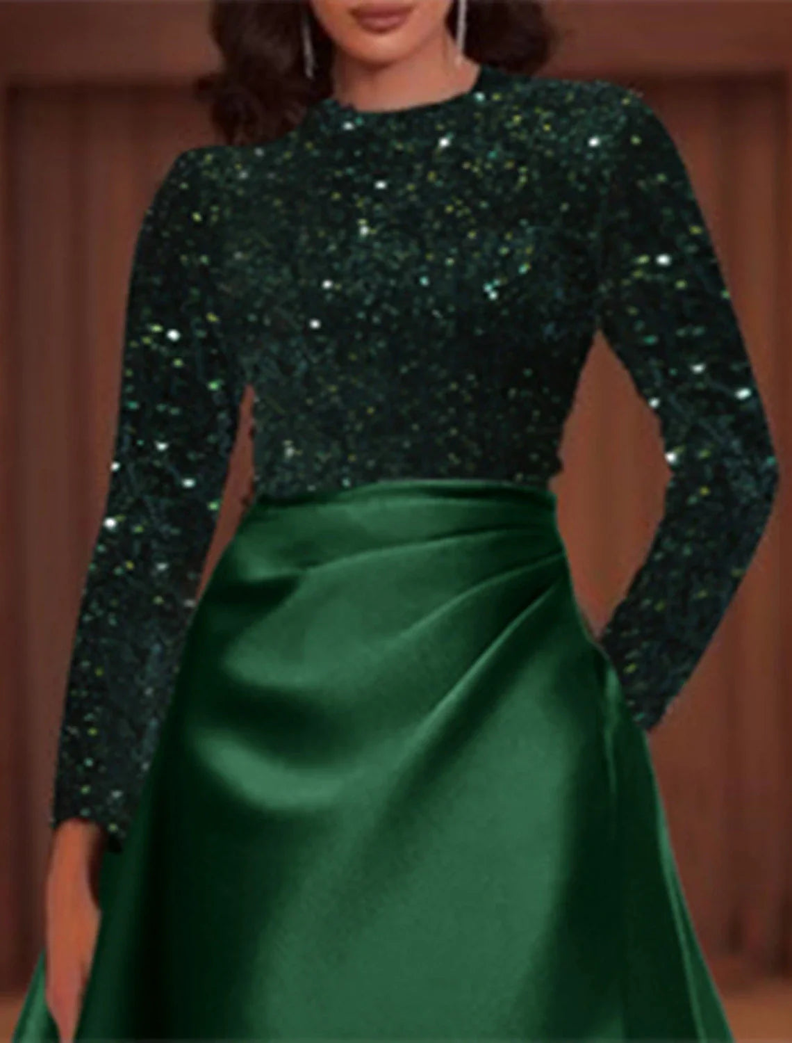 A-Line Evening Gown Elegant Dress Christmas Red Green Dress Wedding Guest Floor Length Long Sleeve Jewel Neck Pocket Satin with Sequin 2025