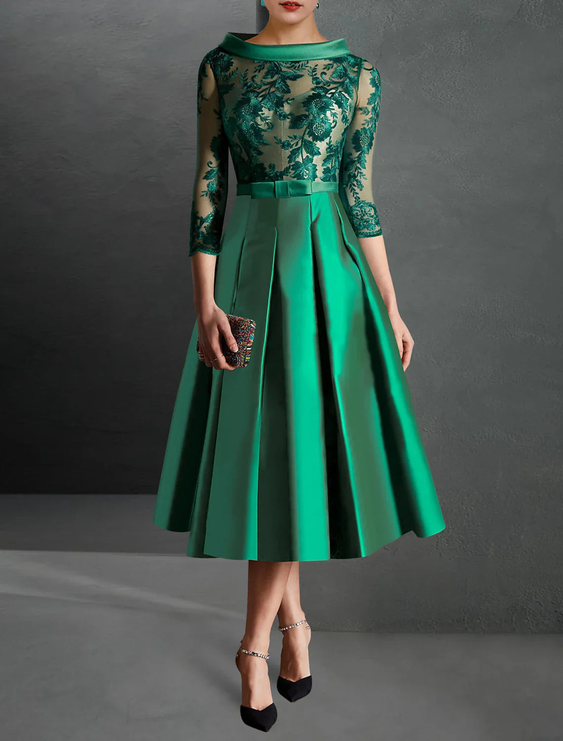 A-Line Cocktail Dress Christmas Red Green Dresses Formal Kentucky Derby Tea Length 3/4 Length Sleeve Jewel Neck Fall Wedding Guest Satin with Pleats Appliques 2025