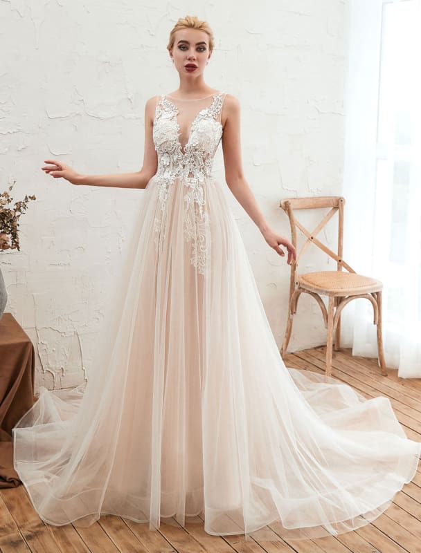 A Line Tulle Wedding Dress V Neck Sleeveless Bridal Gowns With Train