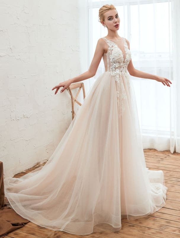 A Line Tulle Wedding Dress V Neck Sleeveless Bridal Gowns With Train