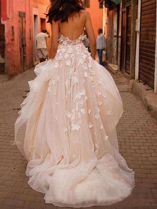 A Line Wedding Dresses Sleeveless Floor Length Beaded Sweetheart Bridal Gowns