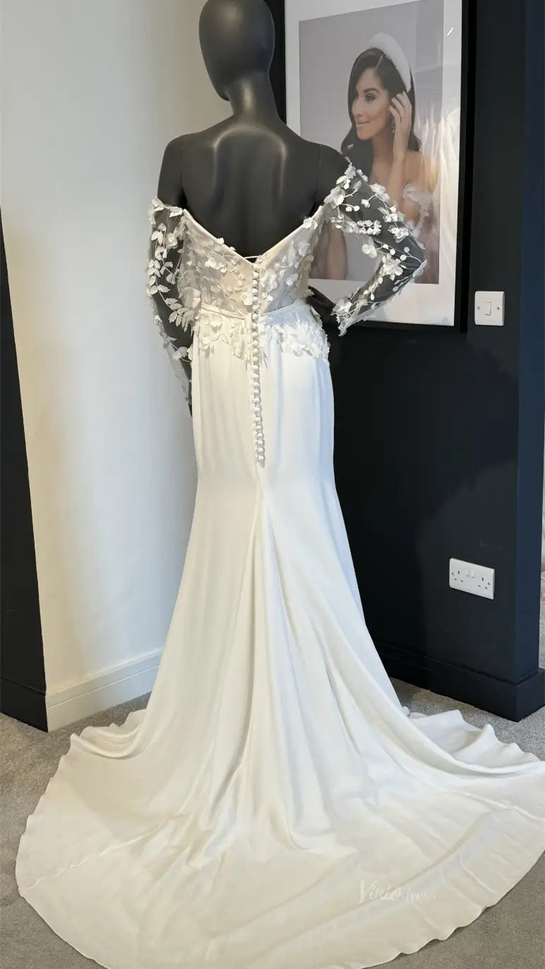 3D Lace Sheath Satin Modern Wedding Dress with Slit VW2131