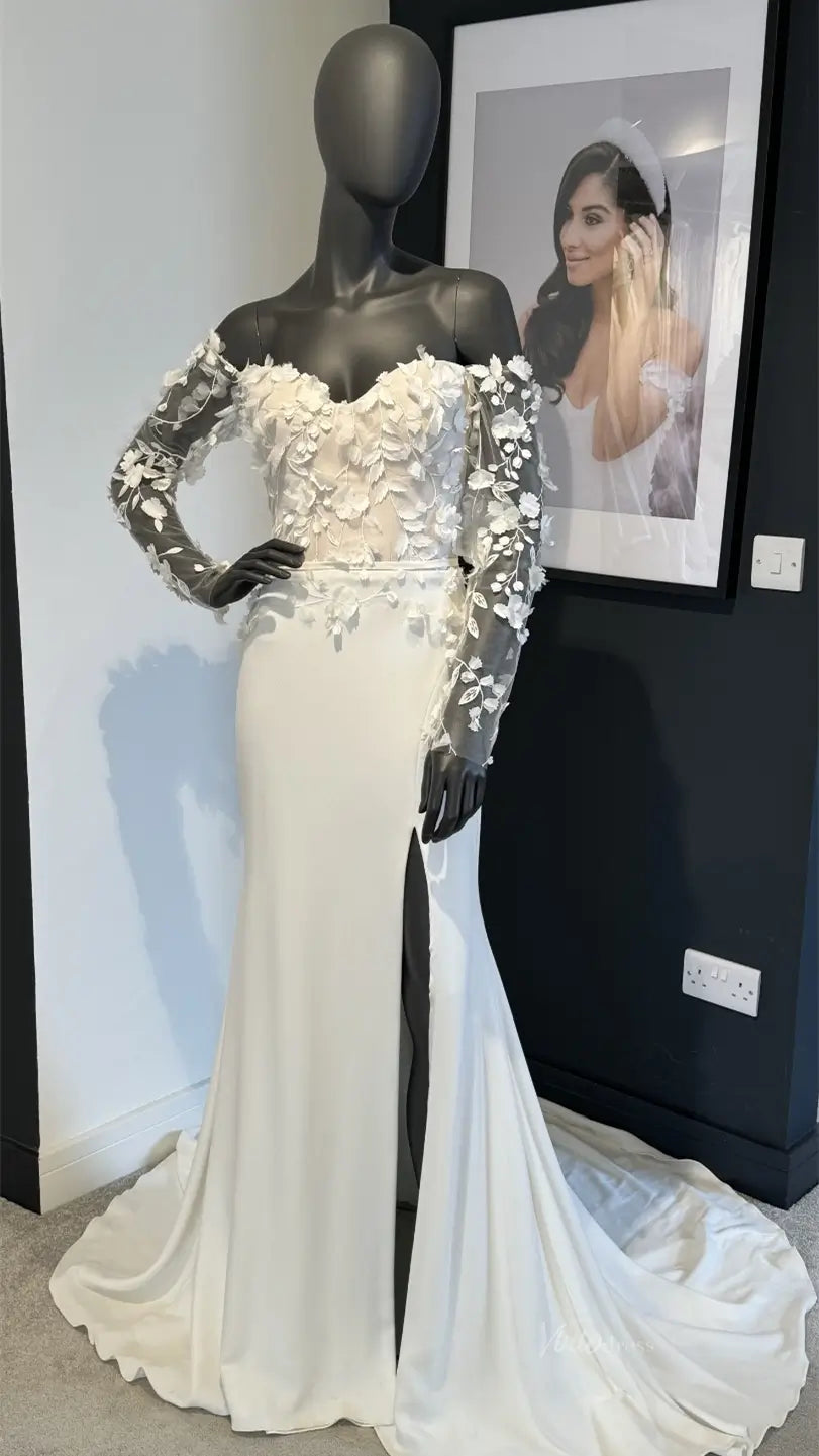 3D Lace Sheath Satin Modern Wedding Dress with Slit VW2131