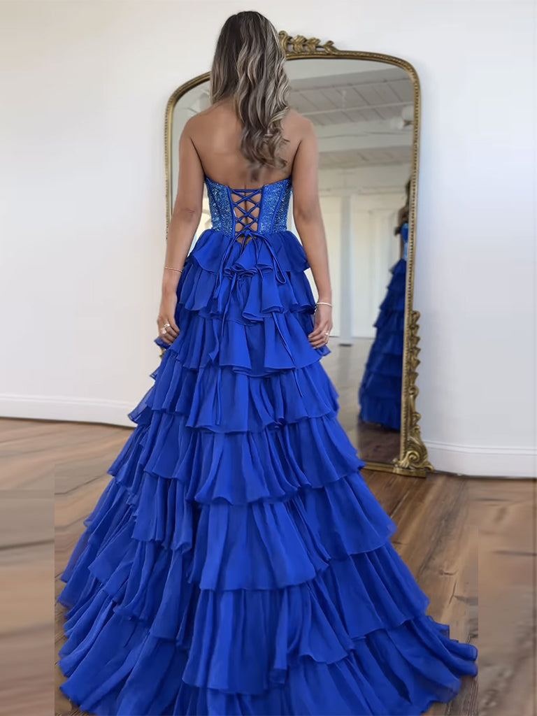A-Line Chiffon Blue Long Prom Dress, Blue Long Evening Dress