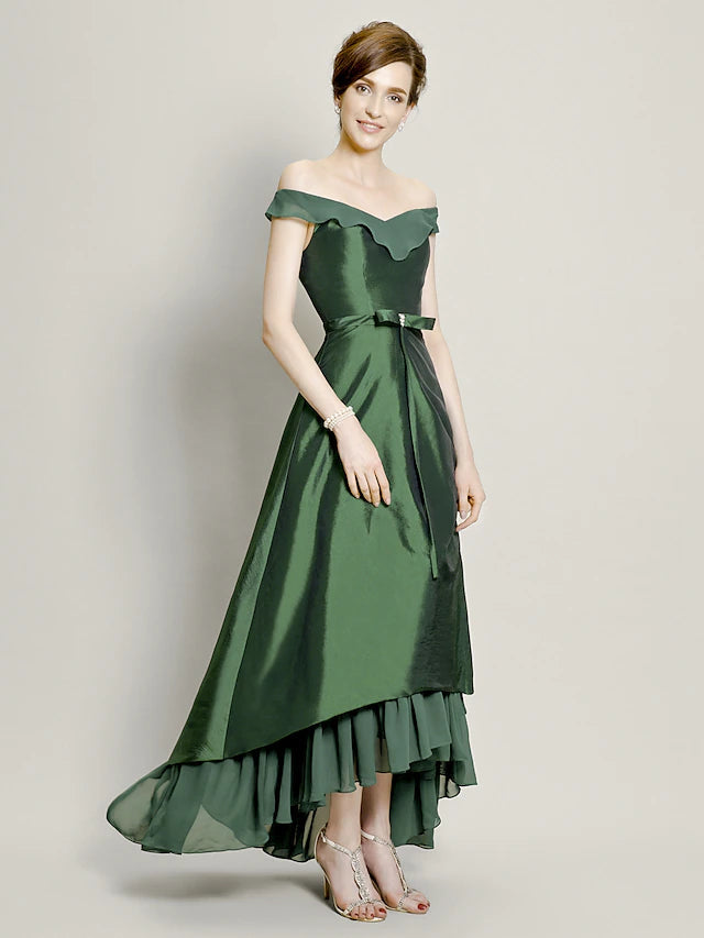 A-Line Mother of the Bride Dress Elegant High Low Off Shoulder Asymmetrical Chiffon Taffeta Short Sleeve with Pick Up Skirt Bow(s)