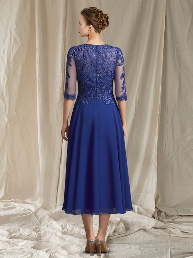 A-Line Mother of the Bride Dress Elegant Jewel Neck Tea Length Chiffon Lace Half Sleeve with Sequin