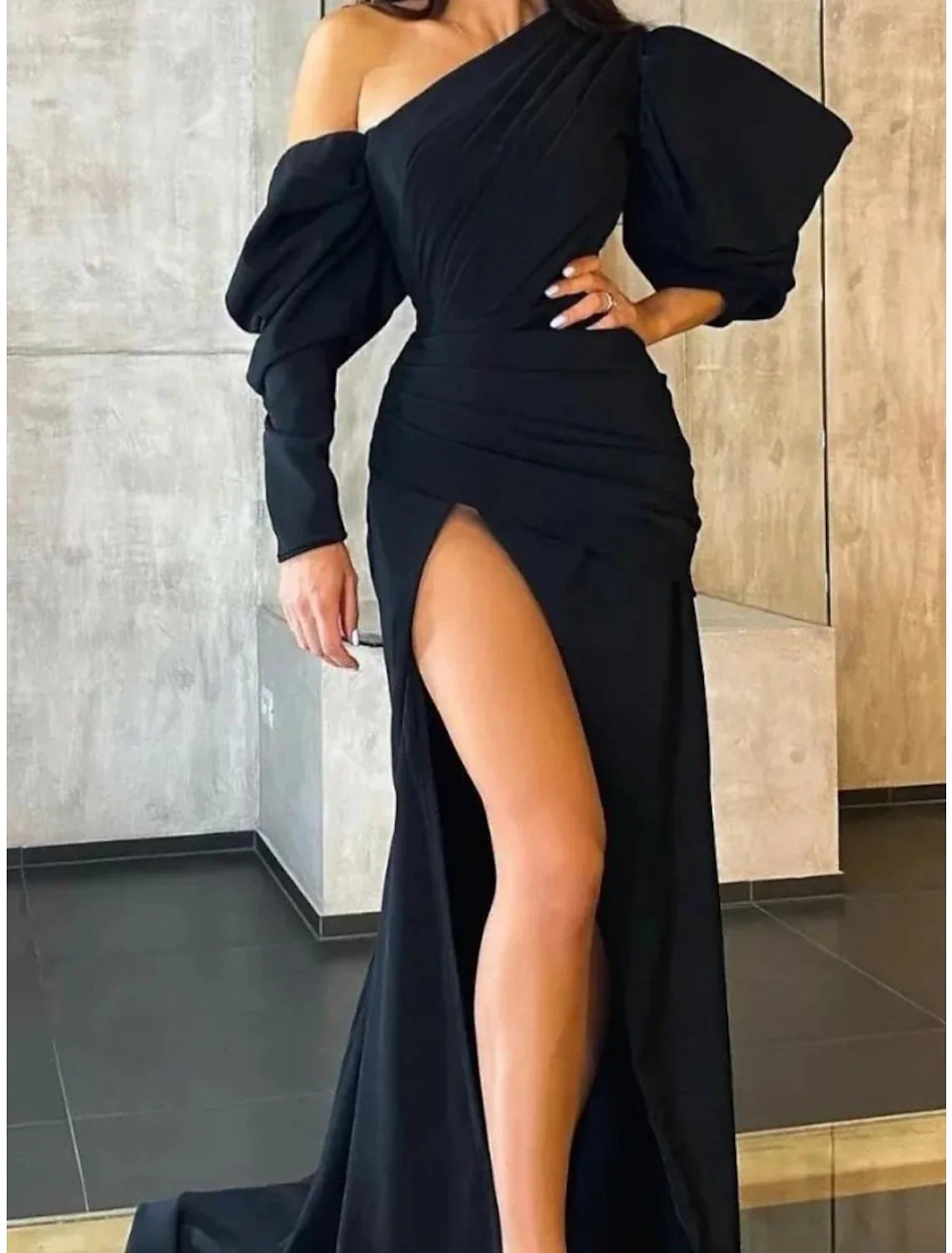 A-Line Evening Gown Elegant Dress Formal Sweep / Brush Train Black Dress Long Sleeve One Shoulder Satin with Pleats Ruched Slit 2025