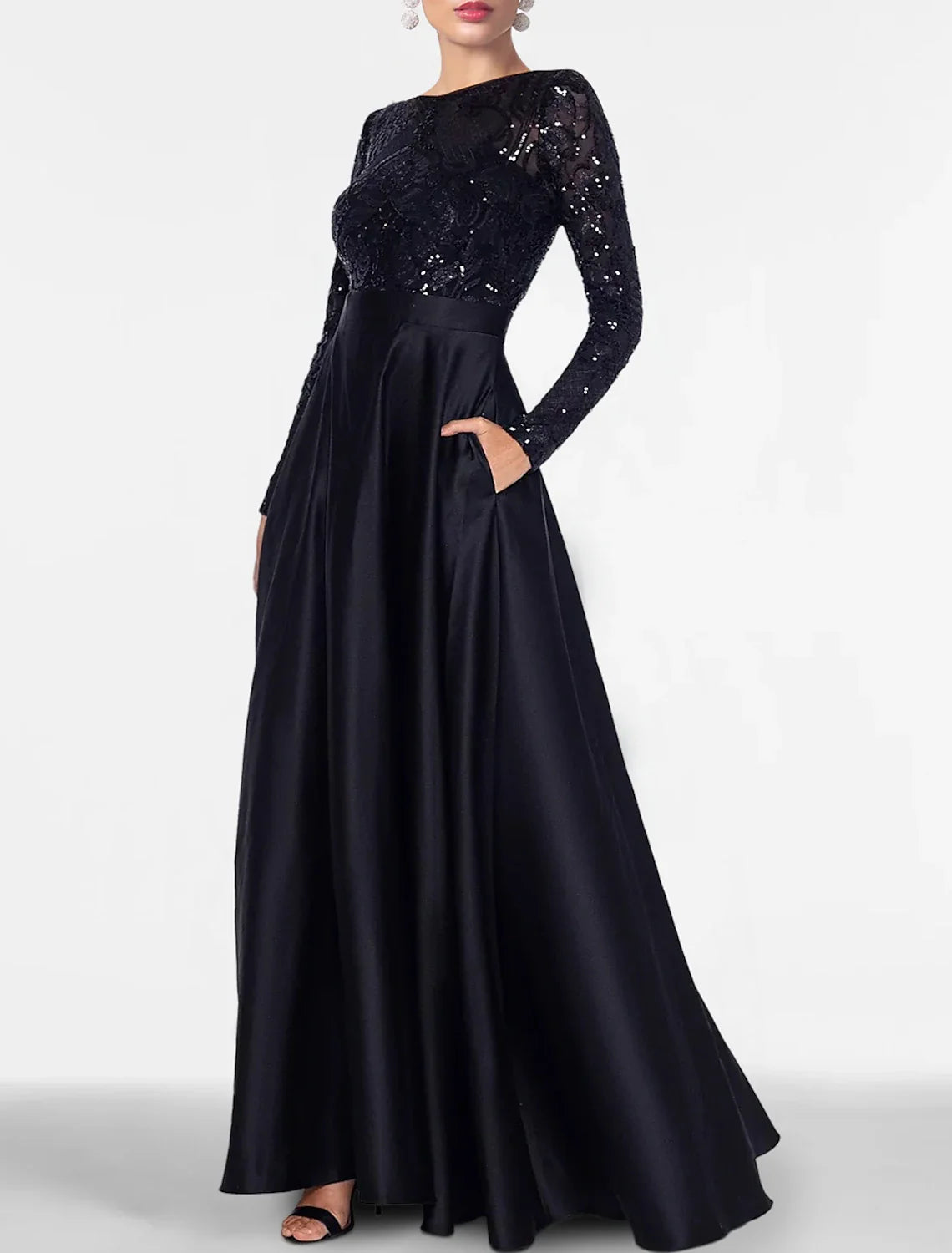 A-Line Evening Gown Elegant Black Dress Plus Size Formal Sequin Satin Dress Black Tie Floor Length Long Sleeve Off Shoulder Fall Wedding Guest with Slit Pocket 2025