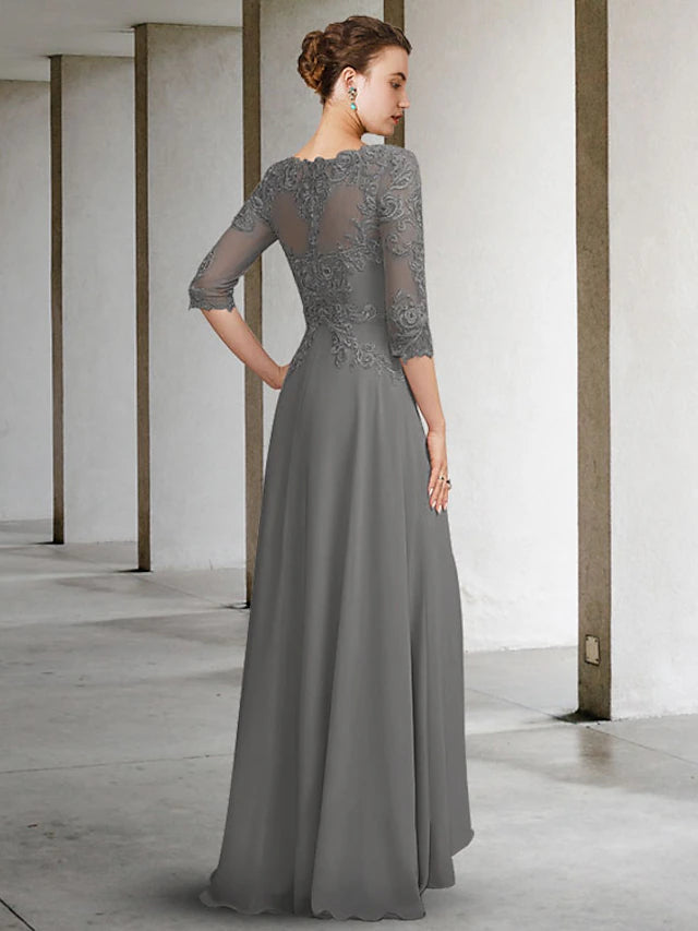 A-Line Mother of the Bride Dress Elegant High Low Jewel Neck Floor Length Chiffon Lace Half Sleeve with Pleats Ruffles