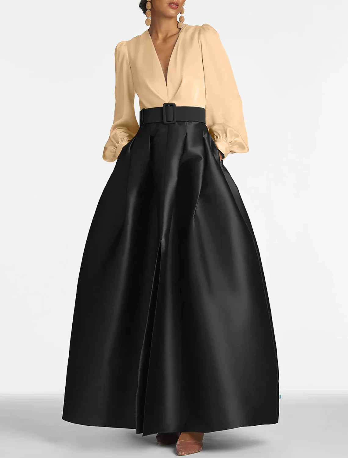 A-Line Evening Gown High Split Wedding Guest Dress Formal Fall Floor Length Long Sleeve V Neck Belt / Sash Satin with Pleats Slit