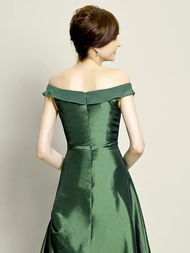 A-Line Mother of the Bride Dress Elegant High Low Off Shoulder Asymmetrical Chiffon Taffeta Short Sleeve with Pick Up Skirt Bow(s)