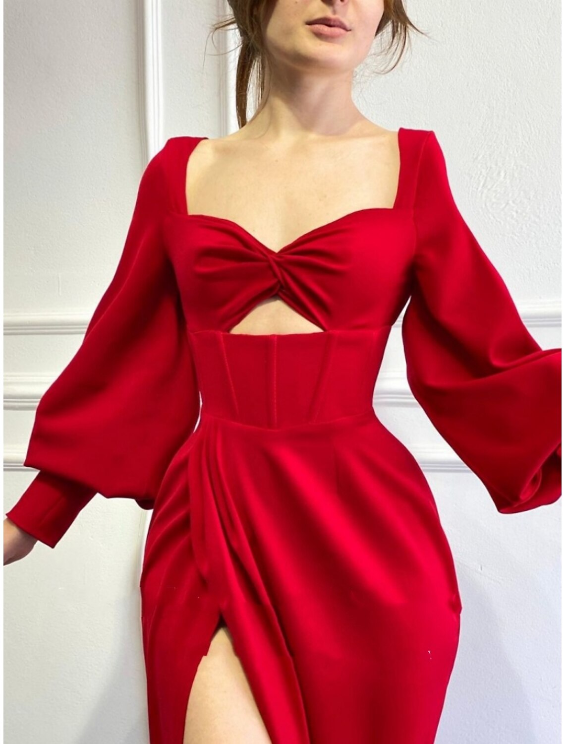 A-Line Evening Gown Sparkle & Shine Dress Party Wear Floor Length Long Sleeve Square Neck  Fabric with Pleats Ruched Slit