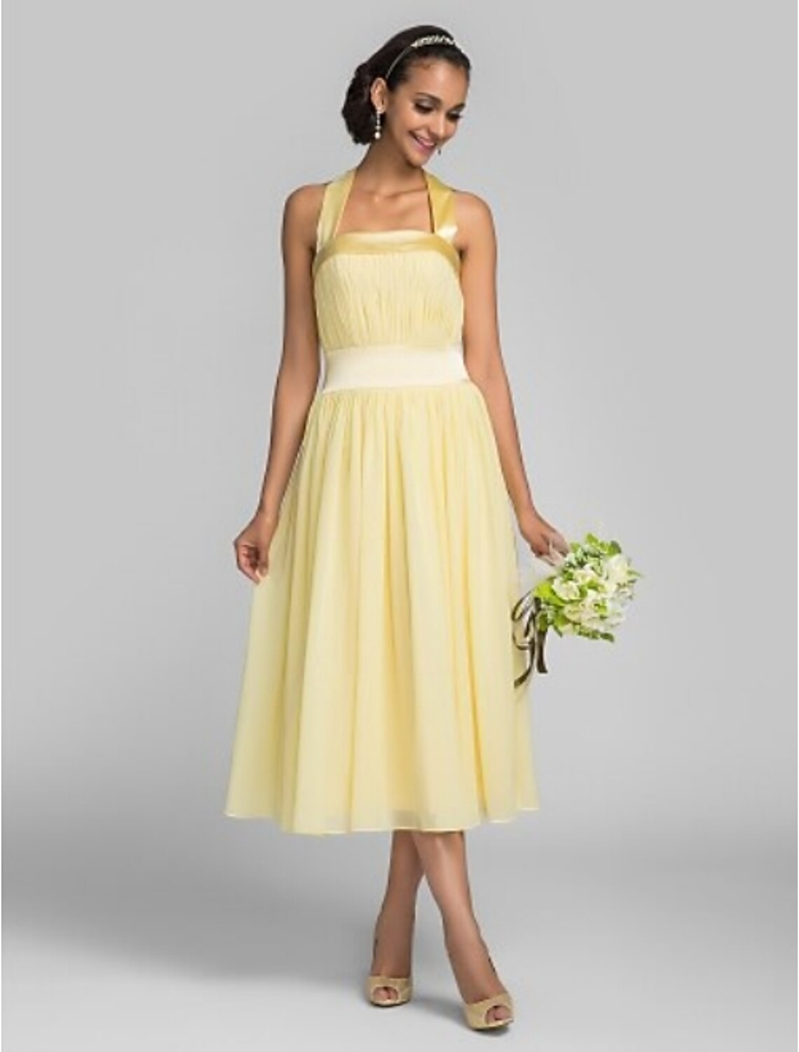 A-Line Halter Tea Length Chiffon Stretch Satin Bridesmaid Dress with Draping Bandage