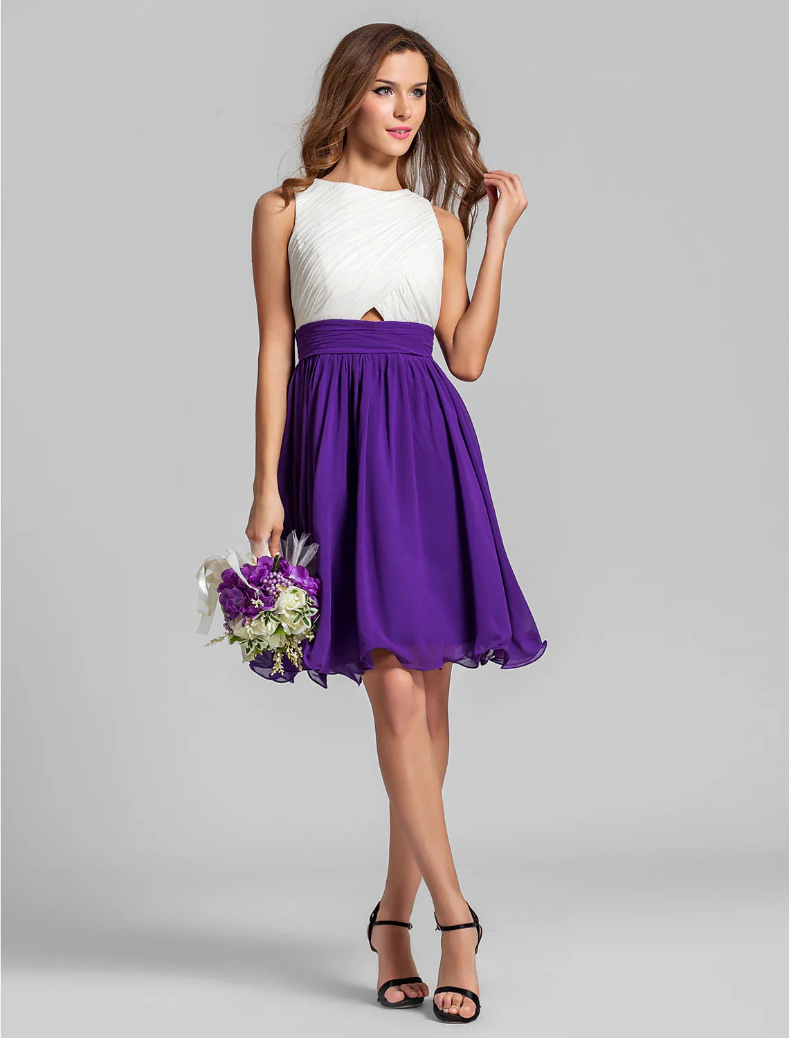 A-Line Jewel Neck Short / Mini Chiffon Bridesmaid Dress with Criss Cross / Ruched