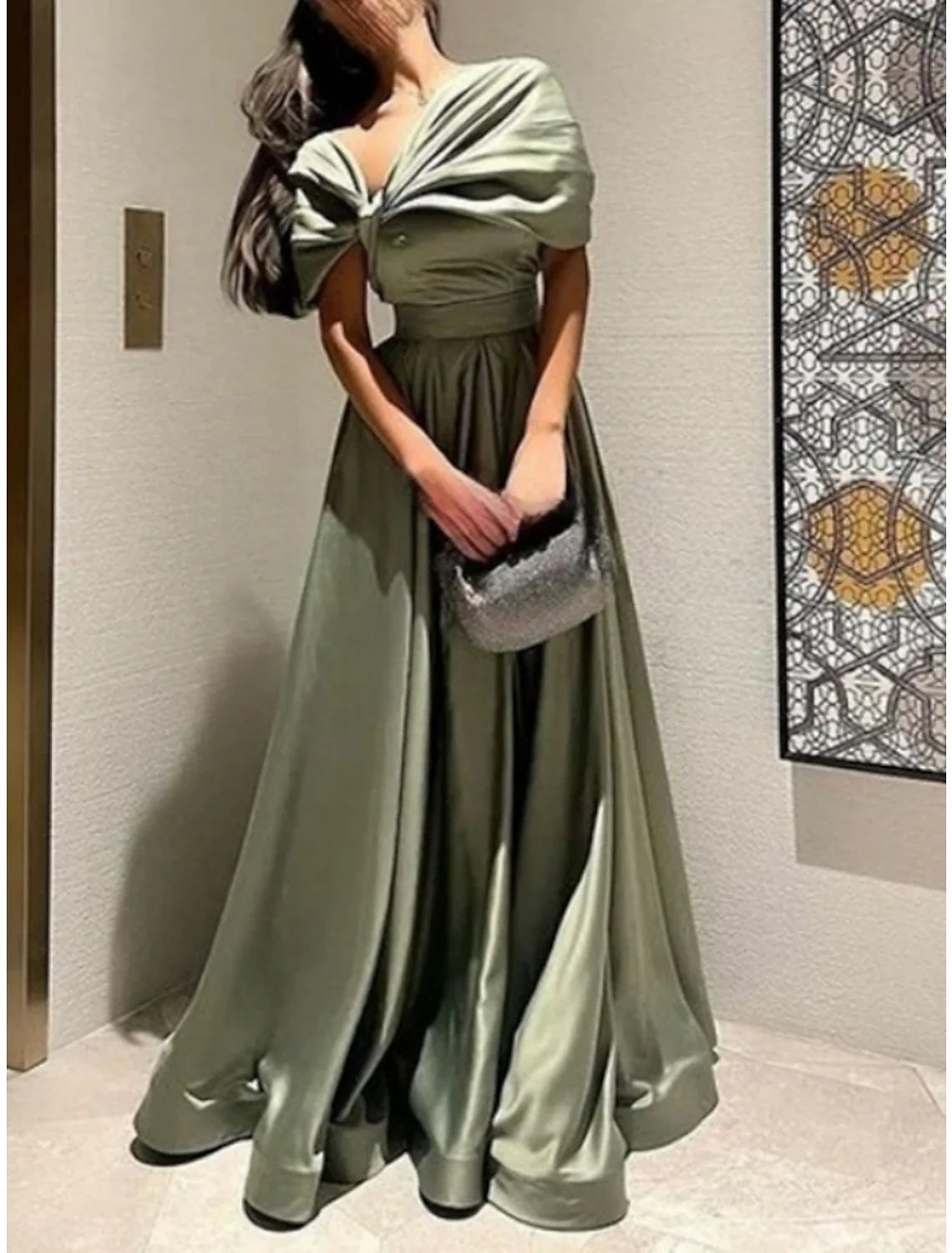 A-Line Evening Gown Elegant Dress Formal Floor Length Christmas Red Green Dress Short Sleeve Off Shoulder Satin with Pleats Ruched 2025