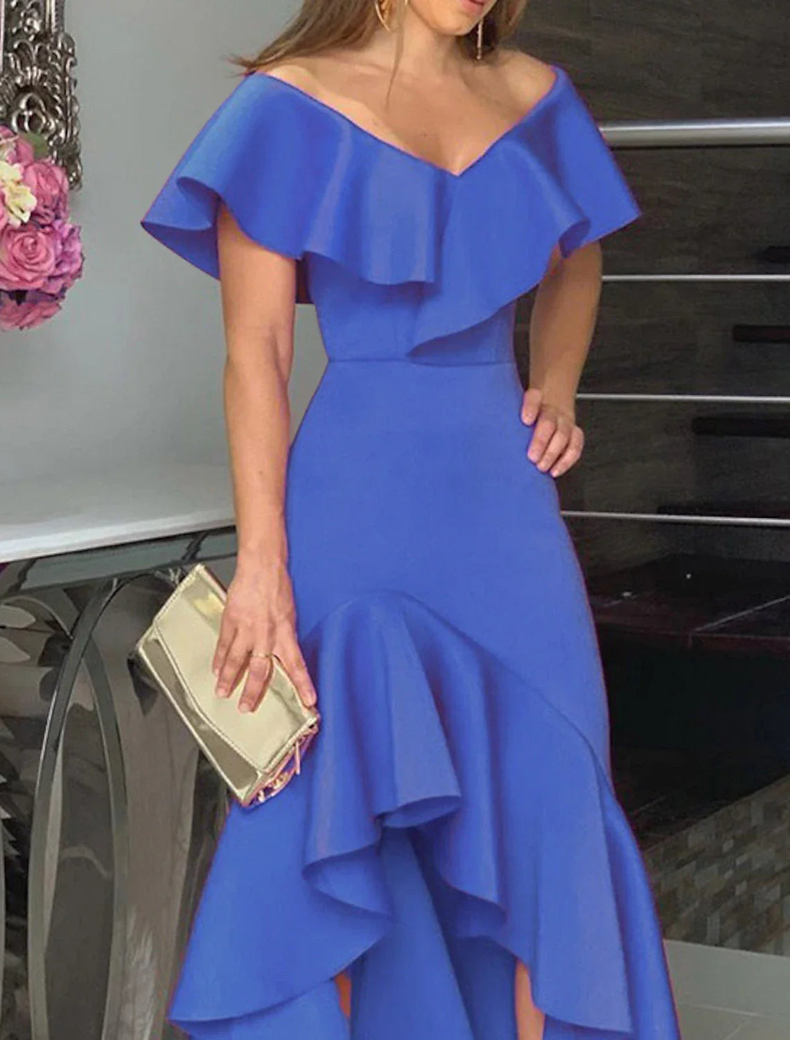 A-Line Evening Gown Minimalist Dress Wedding Guest Homecoming Asymmetrical Sleeveless Off Shoulder  Satin with Ruffles Slit