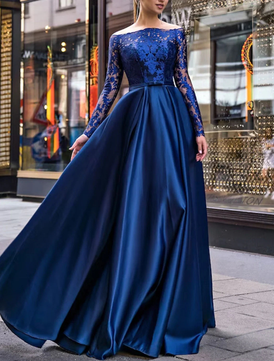 A-Line Evening Gown Party Dress Christmas Red Green Dress Elegant Dress Wedding Guest Fall Floor Length Long Sleeve Off Shoulder Belt / Sash Satin with Appliques 2025