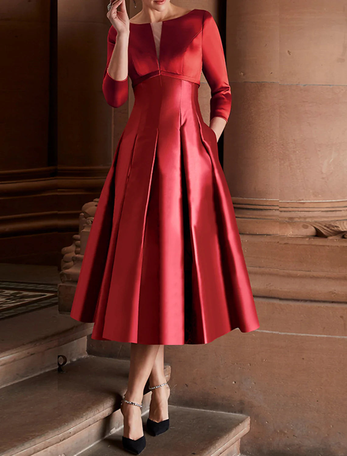 A-Line Cocktail Dresses Minimalist Dress Christmas Red Green Dress Wedding Guest Tea Length 3/4 Length Sleeve Jewel Neck Fall Wedding Guest Satin with Pleats 2025