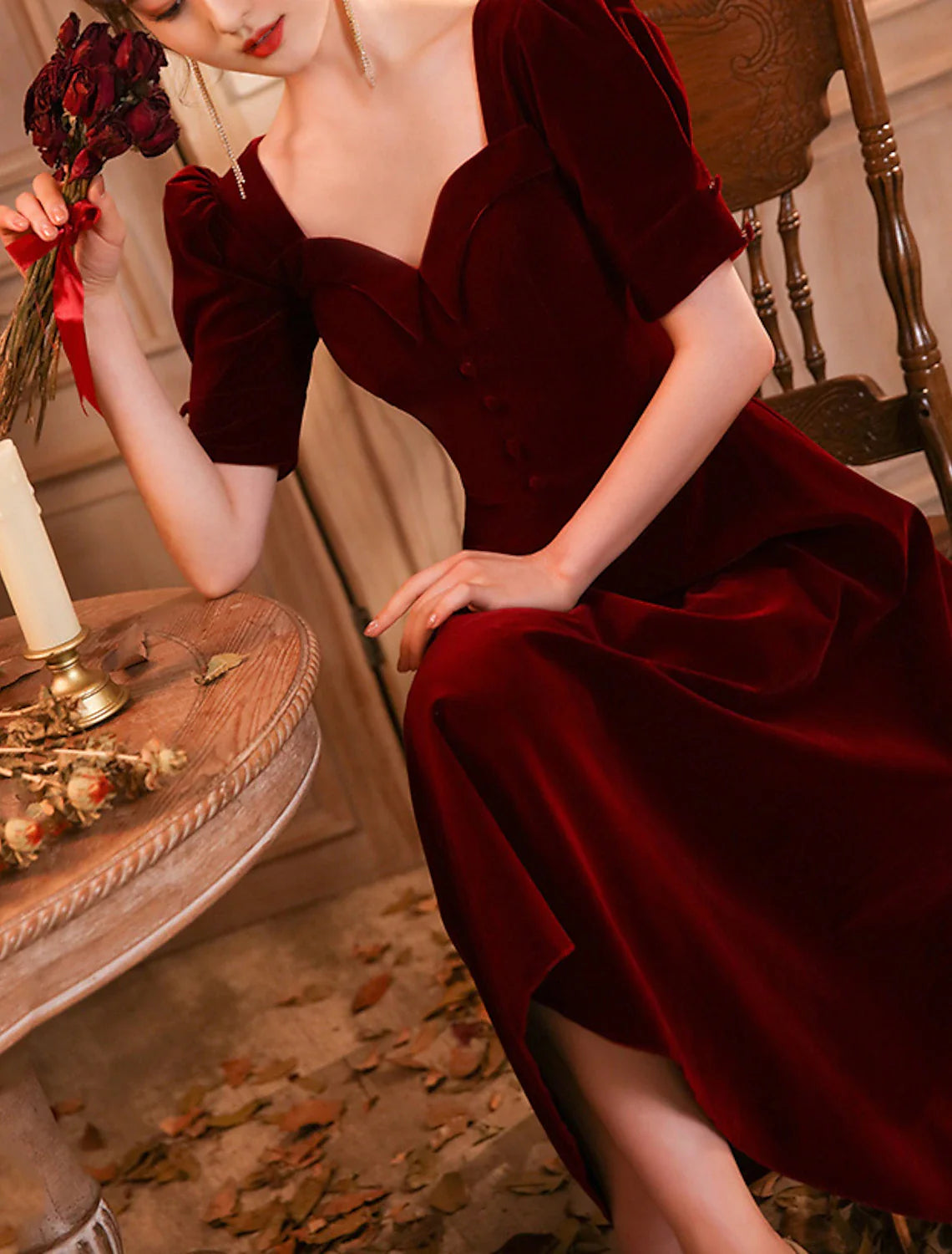 A-Line Cocktail Dresses Elegant Dress Wedding Guest Homecoming Tea Length Half Sleeve Scoop Neck Velvet with Buttons