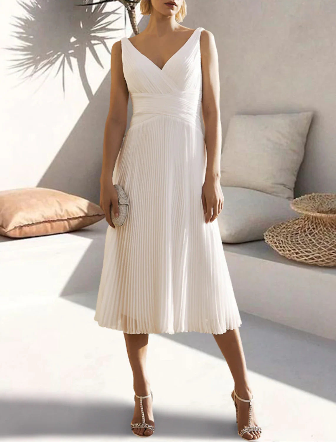 A-Line Cocktail Dresses Open Back Dress Formal Wedding Guest Tea Length Sleeveless V Neck Chiffon with Ruched Pure Color 2025