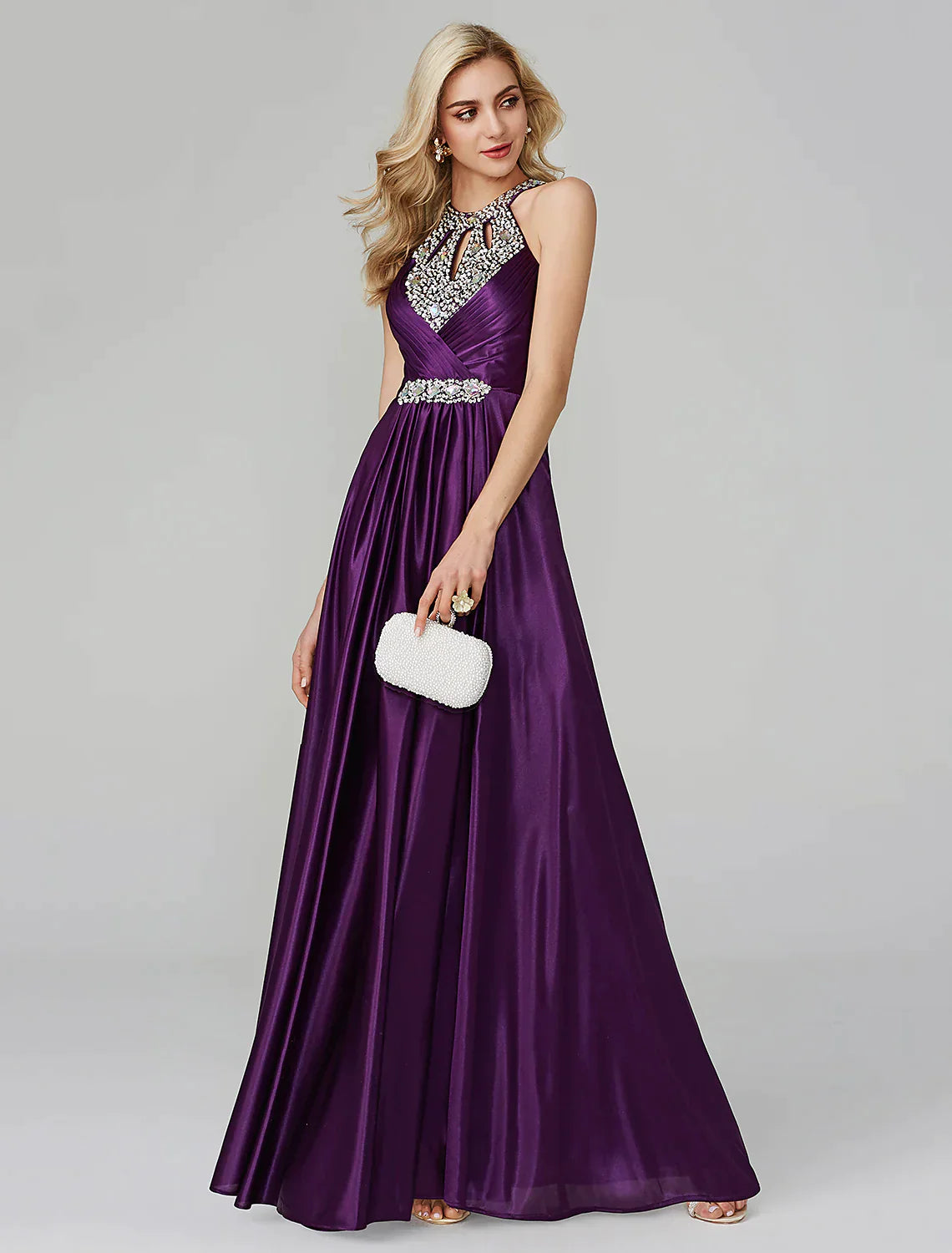 A-Line Little Black Dress Dress Party Wear Floor Length Sleeveless Silk Backless with Crystals Sequin