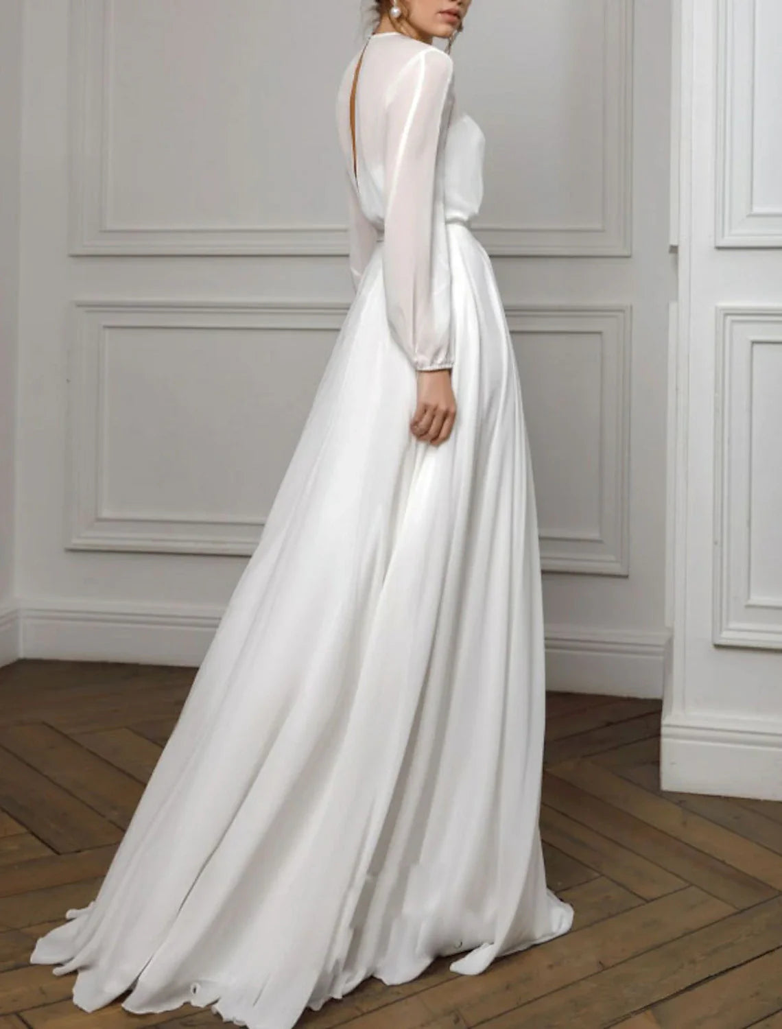 A-Line Evening Gown Empire Dress Holiday Wedding Guest Floor Length Long Sleeve Illusion Neck Chiffon with Pleats