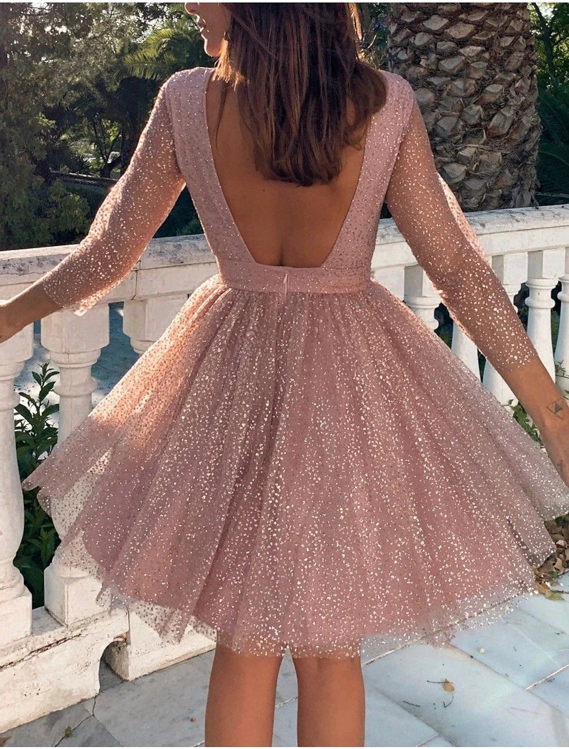 A-Line Cocktail Dresses Cute Dress Homecoming Graduation Knee Length 3/4 Length Sleeve Jewel Neck Fall Wedding Guest Tulle with Pleats Sequin