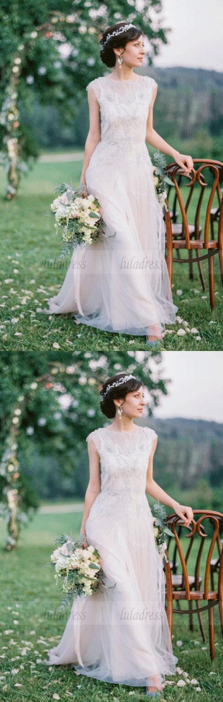 A Line Round Neck Short Sleeves Lace Wedding Dresses