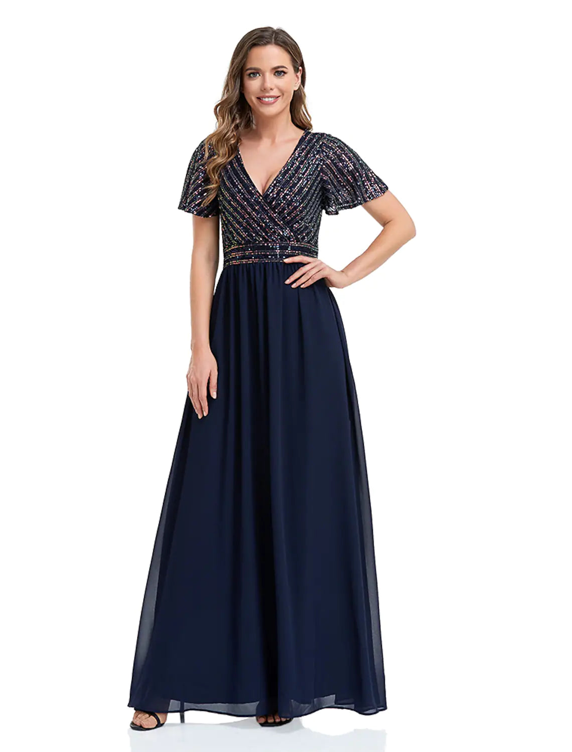 A-Line  Evening Gown Elegant Dress Floor Length Short Sleeve V Neck Sequined
